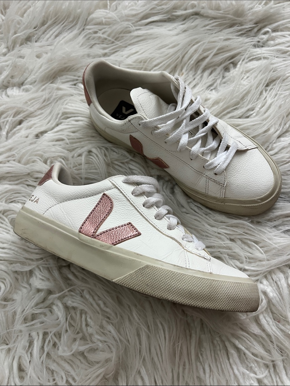 Veja Campo Leather Sneakers in White with Rose Metallic